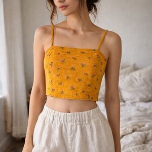 American Eagle Smocked Corduroy Floral Crop Tank Mustard Yellow SP 2019